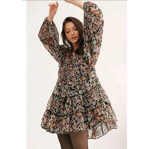 Free People Swinging Boho Mini Black Floral Long Sleeve Sheer Dress Size  S/M